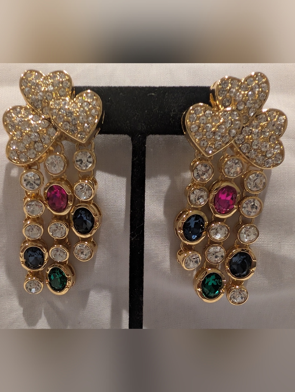 Catwalk Jon Gold-Tone Multi Gem Heart Drop Earrings - Pink, Blue, Green, Clear